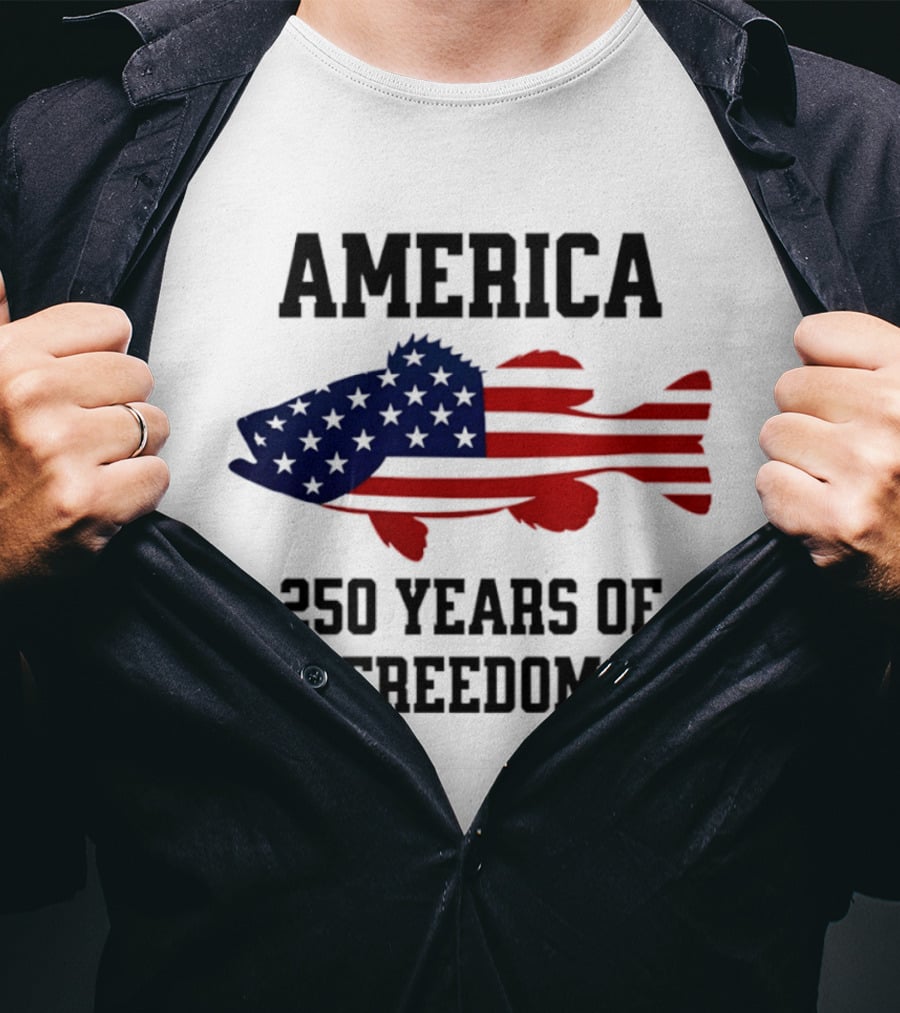 America Flag Bass Fishing 250 Years Of Freedom Celebration T-Shirt