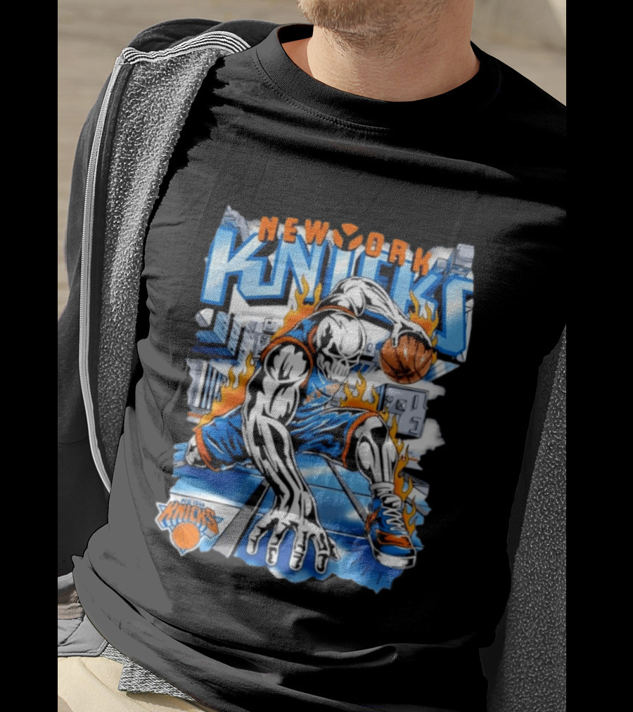 New York Knicks Basketball Urban Street Art Comic Style Flame Warrior T-Shirt