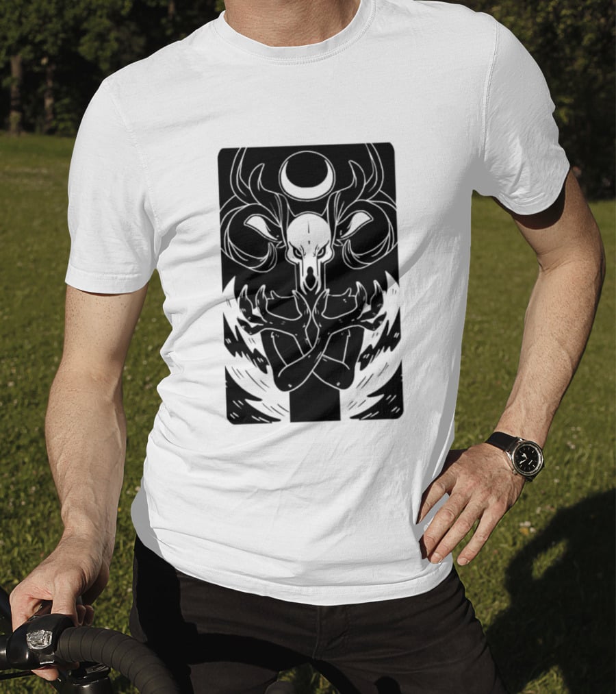 Deer Skull Antlers Crescent Moon Spirit Hands Rays Ritual Mystical Symbolism T-Shirt