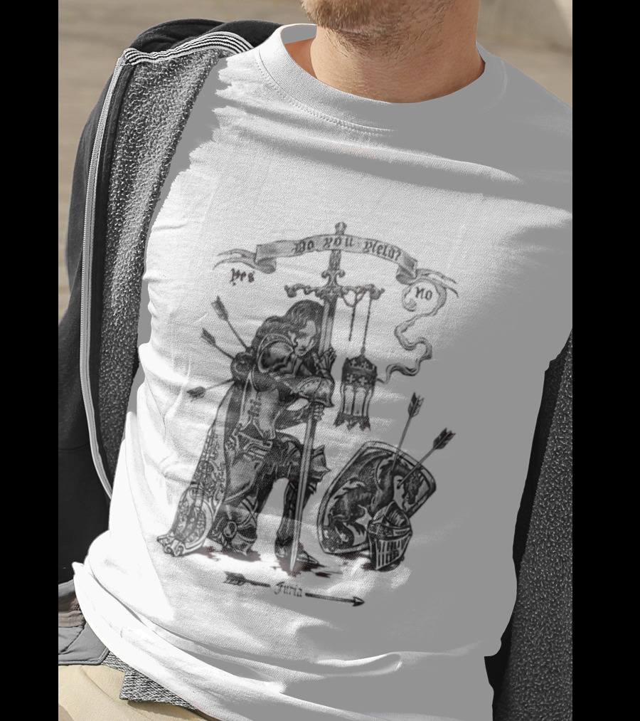 Knight Sword Shield Arrows Lantern Helmet Furia Do You Yield Yes No T-Shirt