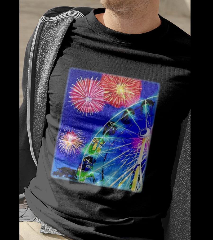 Ferris Wheel Fireworks Night Display Blue Sky T-Shirt