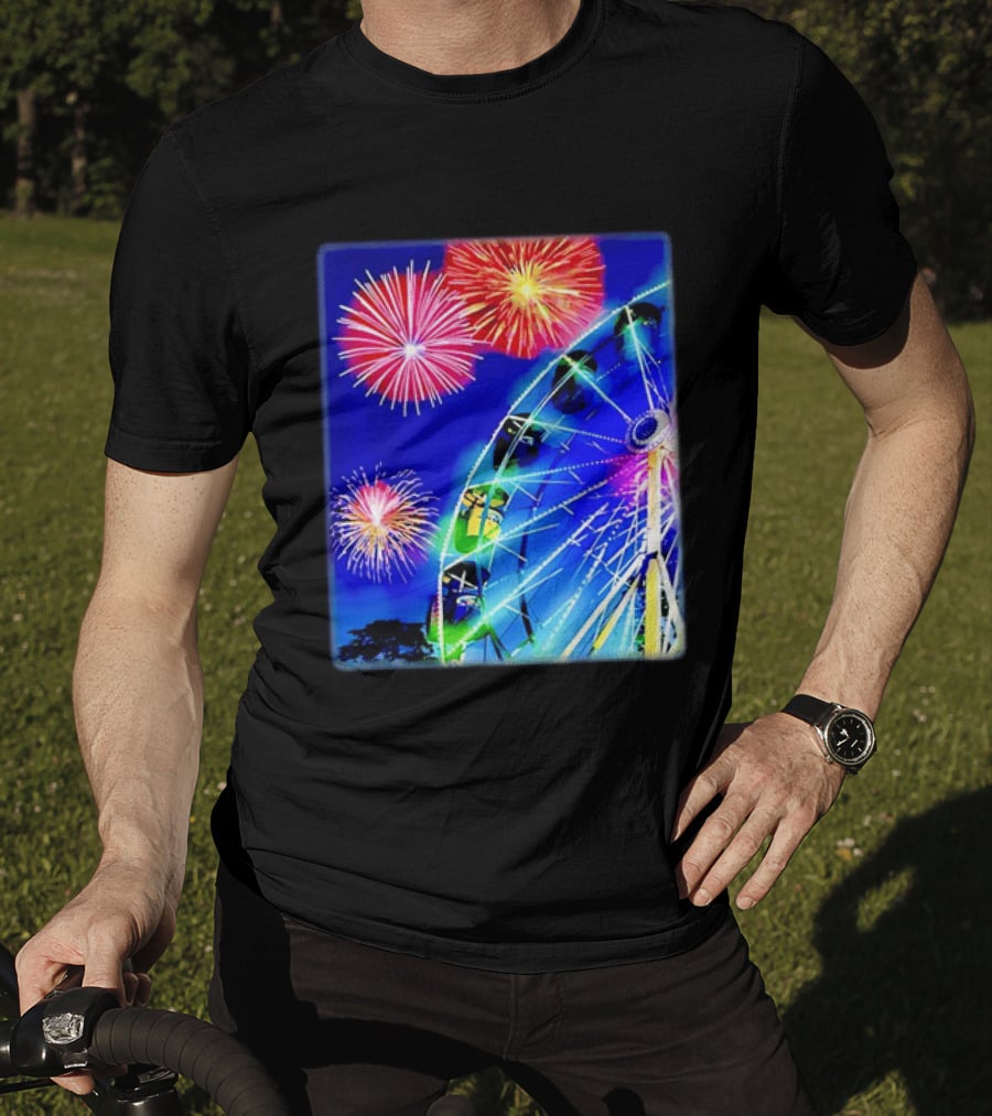 Ferris Wheel Fireworks Night Display Blue Sky T-Shirt