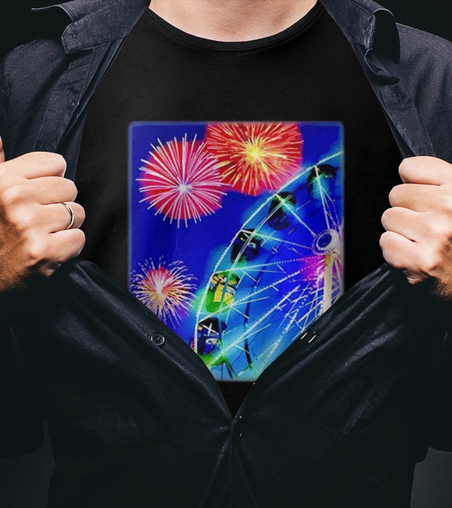 Ferris Wheel Fireworks Night Display Blue Sky T-Shirt