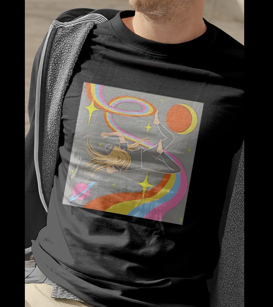 Rainbow Swirl Stars Crescent Moon Planet Orbit Cosmos Night Galaxy T-Shirt
