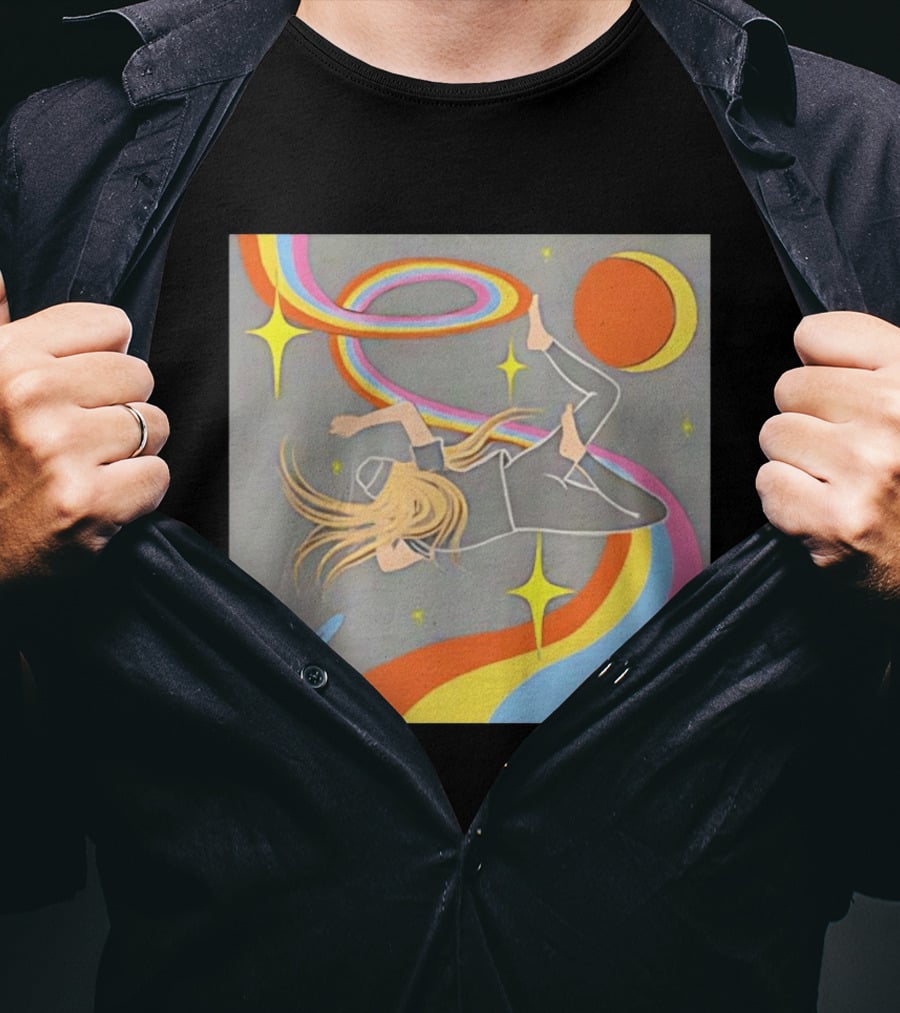 Rainbow Swirl Stars Crescent Moon Planet Orbit Cosmos Night Galaxy T-Shirt