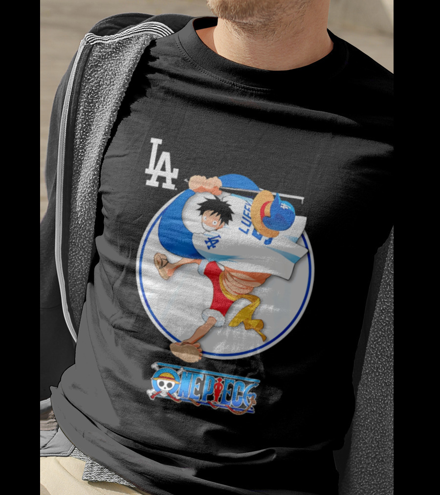 Los Angeles Dodgers Luffy OnePiece Collaboration With LA Logo And One Piece Branding T-Shirt