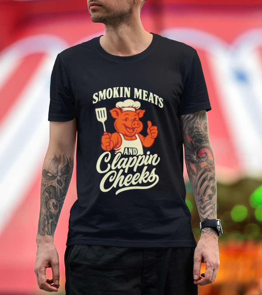Smokin Meats And Clappin Cheeks Pig Chef Thumbs Up BBQ T-Shirt