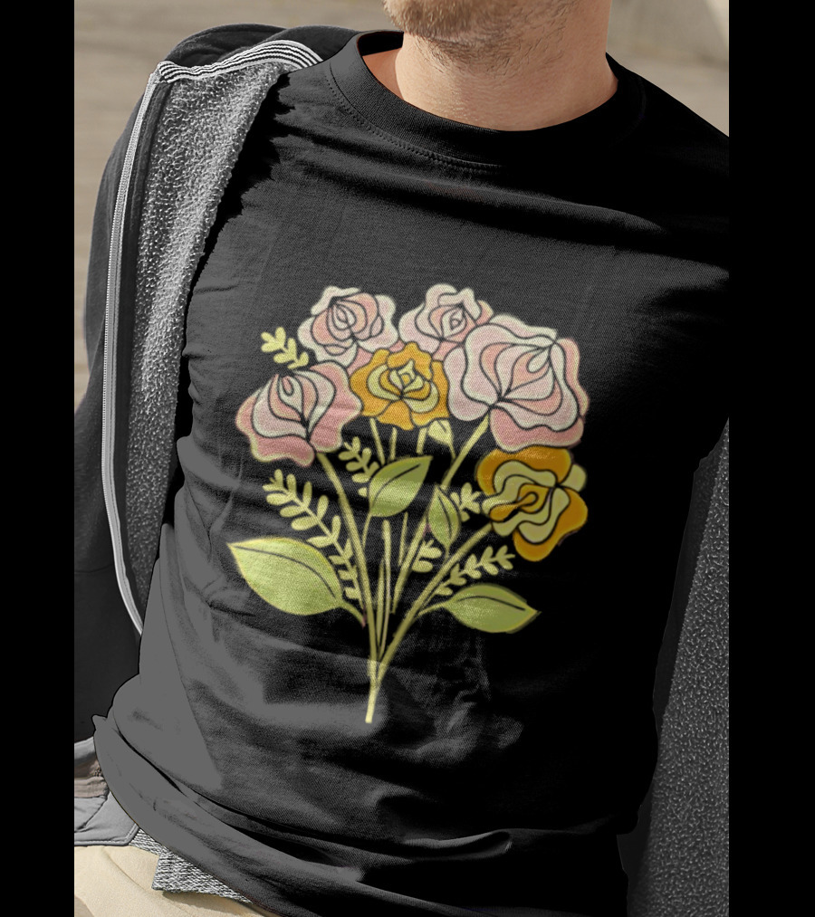 Pink Roses Yellow Roses Leaves Stems Bloom Blossom Petal Flower Plant T-Shirt