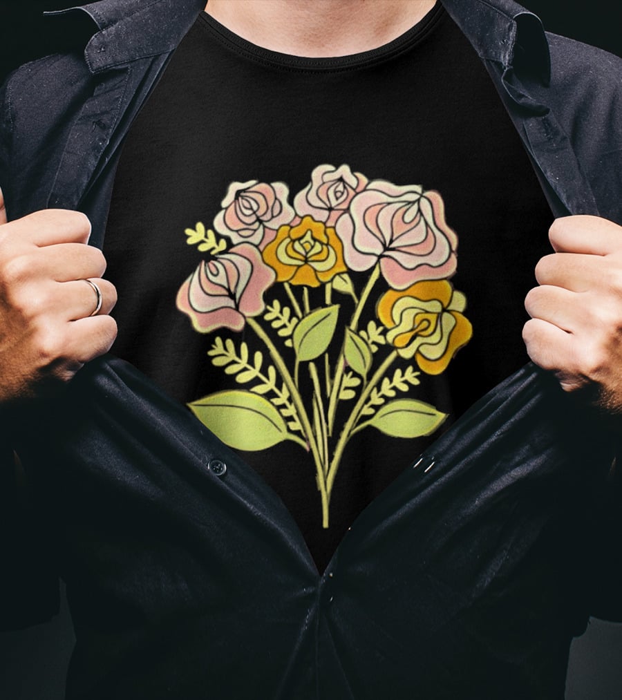 Pink Roses Yellow Roses Leaves Stems Bloom Blossom Petal Flower Plant T-Shirt
