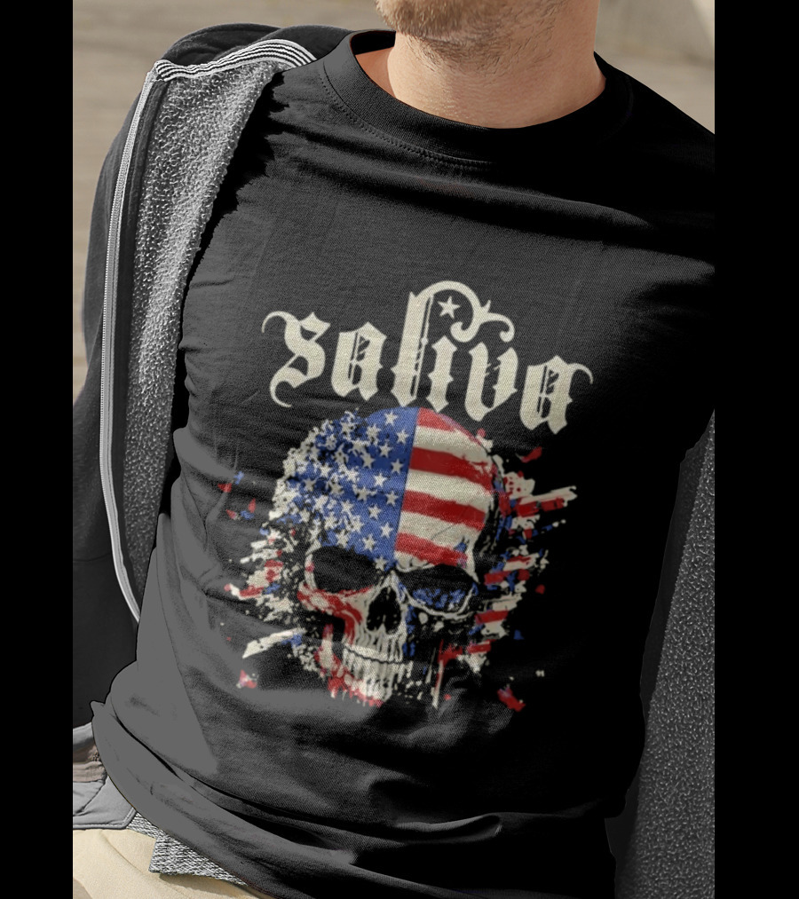 Saliva Click Click Boom Skull American Flag Grunge T-Shirt