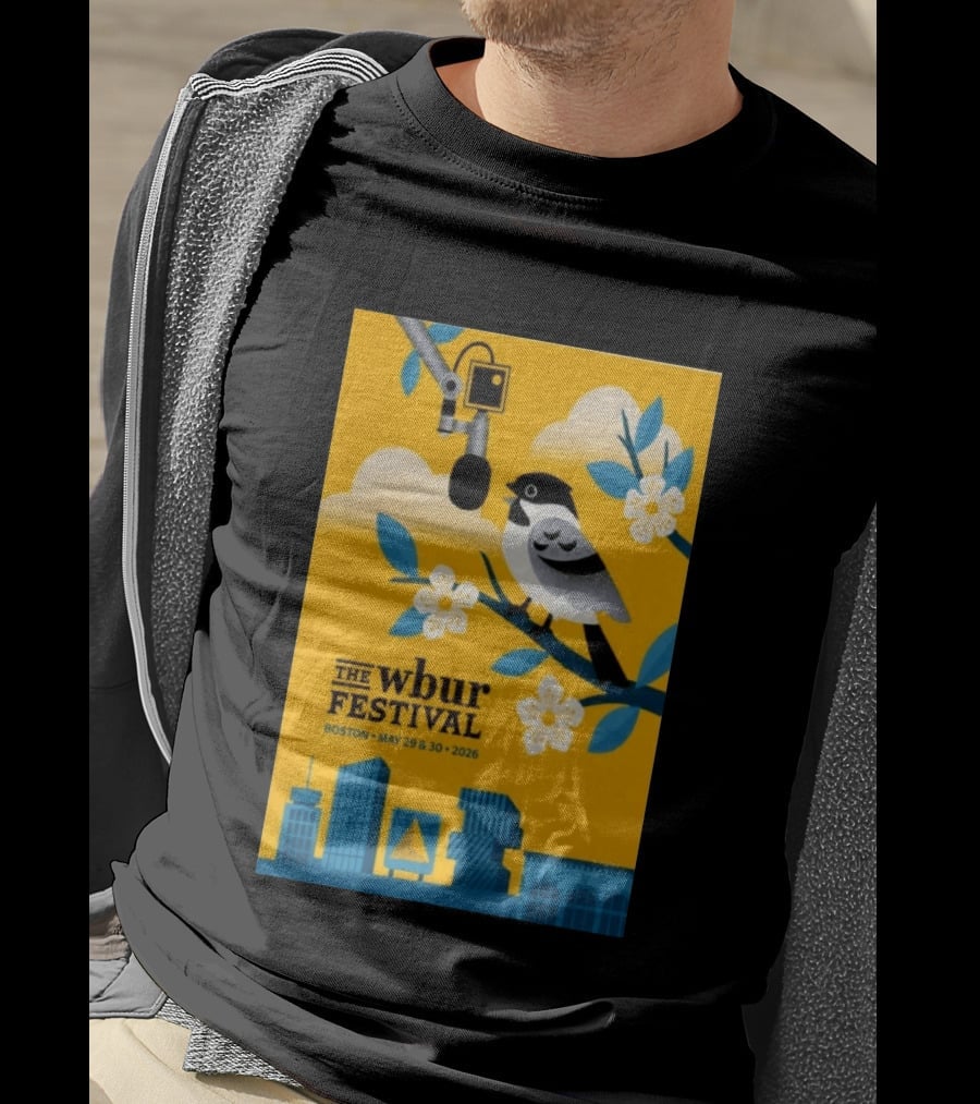 The Wbur Festival Boston 2026 Yellow Bird Microphone Urban Skyline T-Shirt