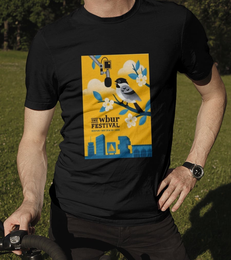 The Wbur Festival Boston 2026 Yellow Bird Microphone Urban Skyline T-Shirt