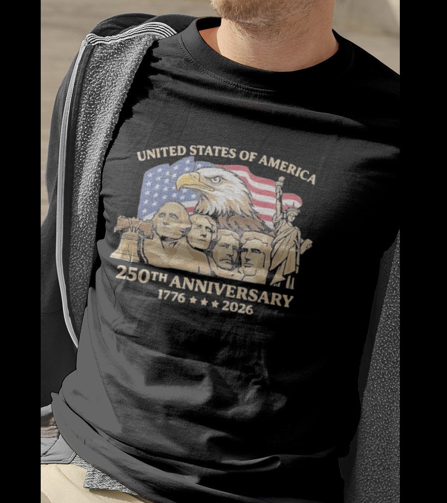 United States Of America 250th Anniversary 1776 2026 Patriotic Bald Eagle Liberty Bell Mount Rushmore Statue Of Liberty T-Shirt