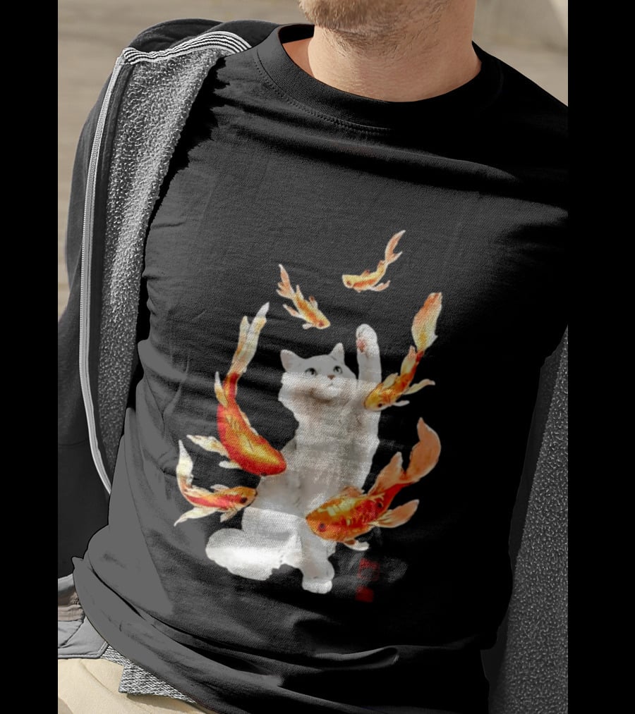 Playful White Cat Surrounded By Goldfish T-Shirt