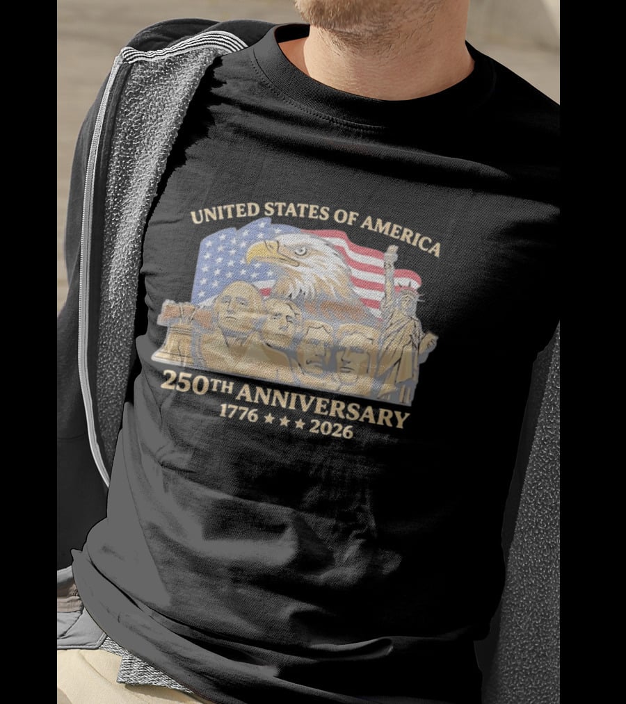 United States Of America 250th Anniversary 1776 2026 Mount Rushmore Liberty Bell Statue Of Liberty Bald Eagle Flag T-Shirt