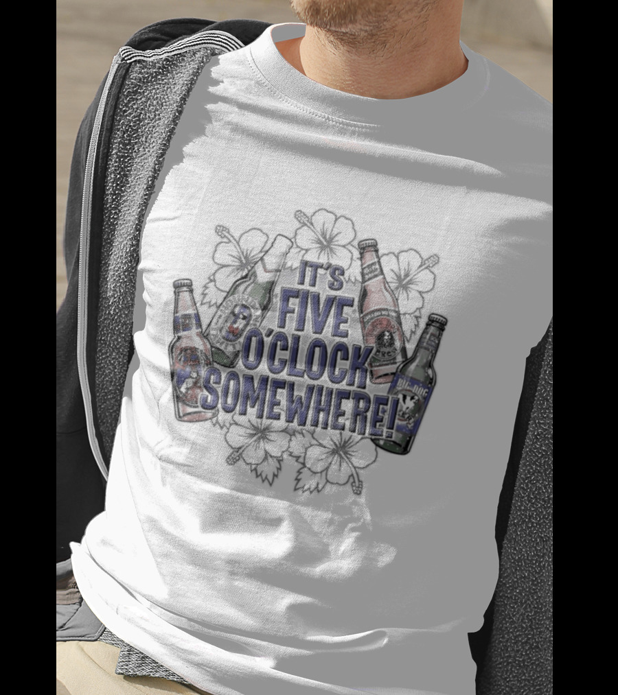 It's Five O' Somewhere Beer Bottles And Tropical Flowers T-Shirt