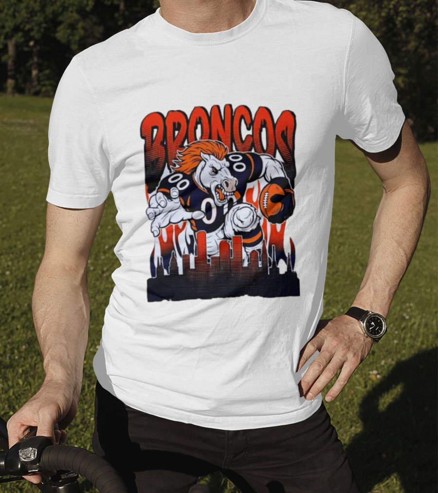 Denver Broncos Football Bronco Running Horse Skyline T-Shirt