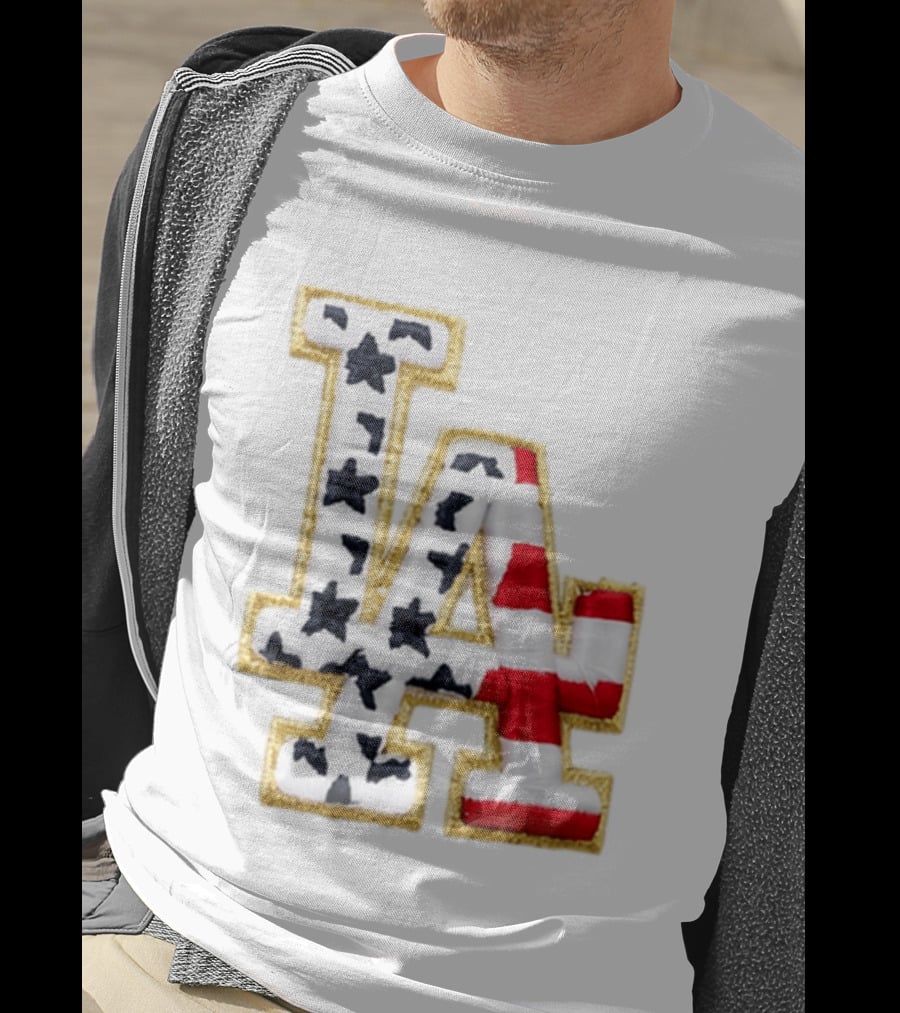 Dodgers LA 250th Anniversary Stars And Stripes Gold Trim Patch T-Shirt