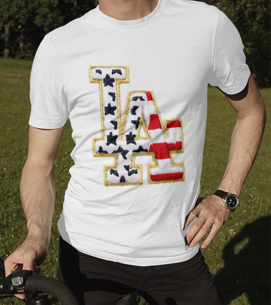 Dodgers LA 250th Anniversary Stars And Stripes Gold Trim Patch T-Shirt