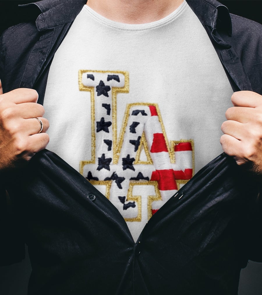 Dodgers LA 250th Anniversary Stars And Stripes Gold Trim Patch T-Shirt