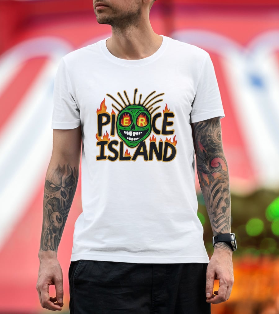Pierce Island Green Skull Flames Spooky Island T-Shirt