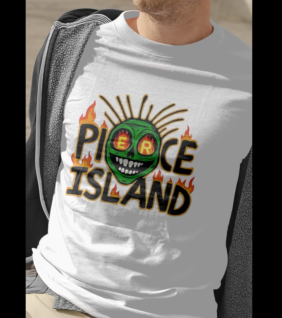 Pierce Island Green Skull Flames Spooky Island T-Shirt
