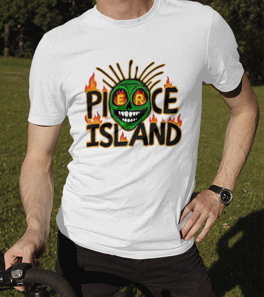 Pierce Island Green Skull Flames Spooky Island T-Shirt