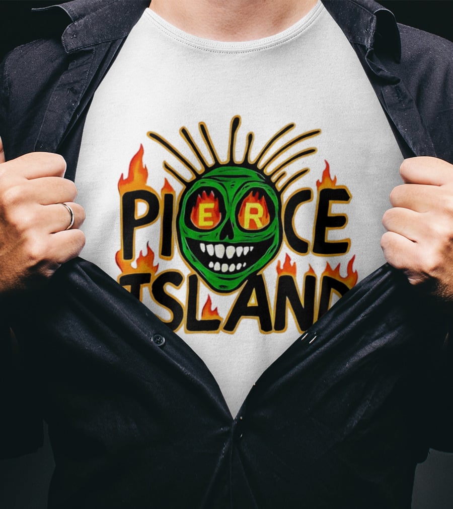 Pierce Island Green Skull Flames Spooky Island T-Shirt