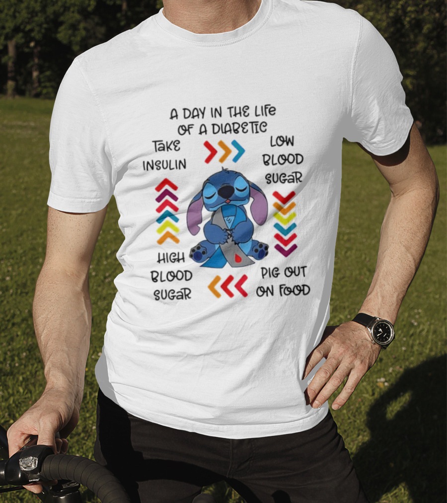 A Day In The Life Of A Diabetic Stitch Lilo And Stitch Diabetes Awareness Take Insulin Low Blood Sugar High Blood Sugar Pig Out On Food T-Shirt