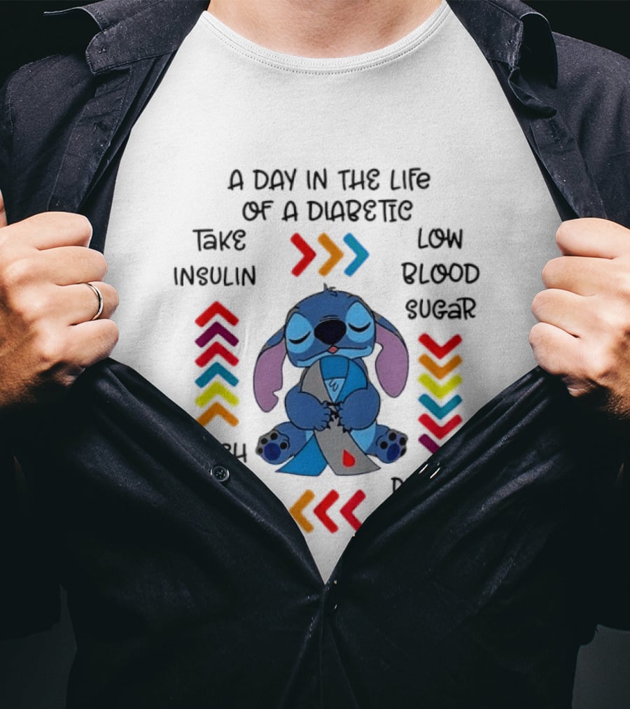 A Day In The Life Of A Diabetic Stitch Lilo And Stitch Diabetes Awareness Take Insulin Low Blood Sugar High Blood Sugar Pig Out On Food T-Shirt