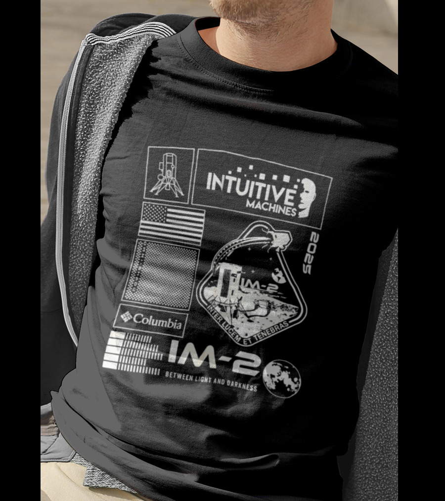 Intuitive Machines IM 2 Columbia 2025 Between Light And Darkness Moon Mission Lunar Module USA Flag T-Shirt