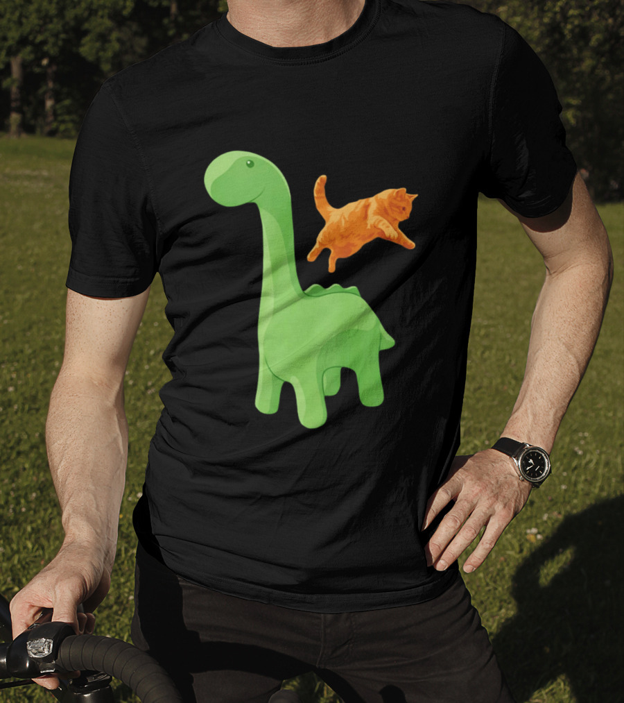 Cat Jumping Over Green Dinosaur Cartoon Image T-Shirt