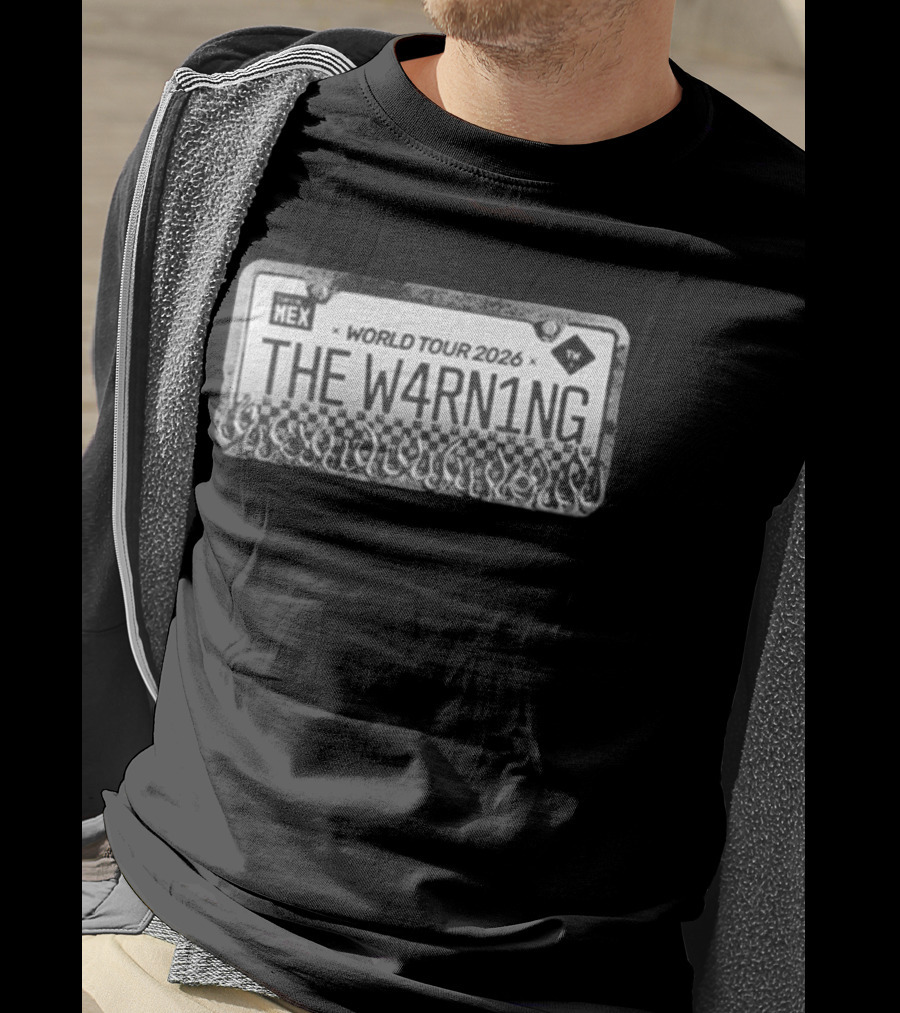 The W4RN1NG World Tour 2026 License Plate Checkered Flames T-Shirt