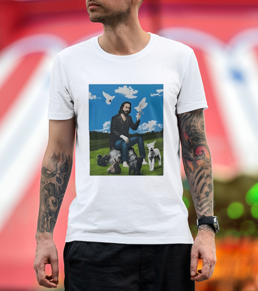 Keanu Reeves Peaceful Meadow With Animals And Doves T-Shirt