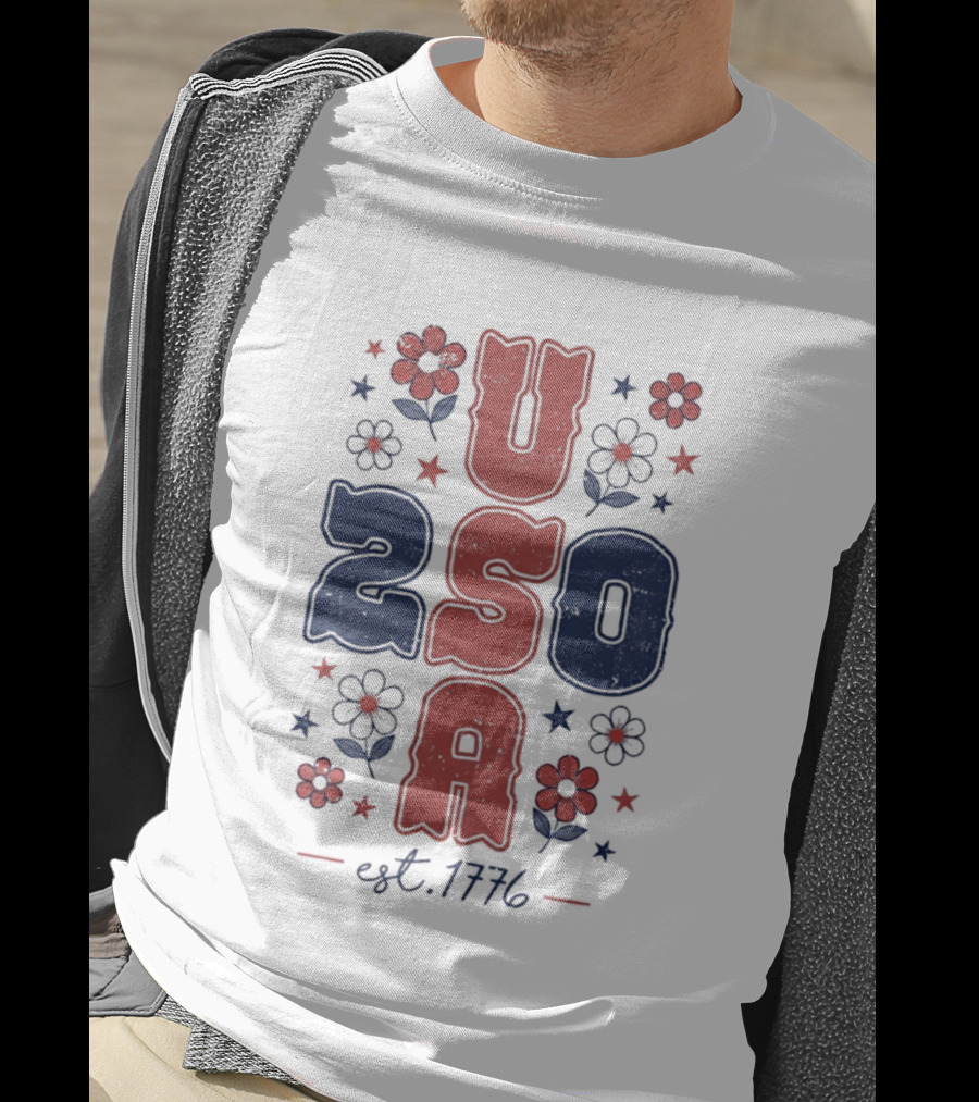 USA 250 Est 1776 American Patriotic Floral Stars Independence Day T-Shirt