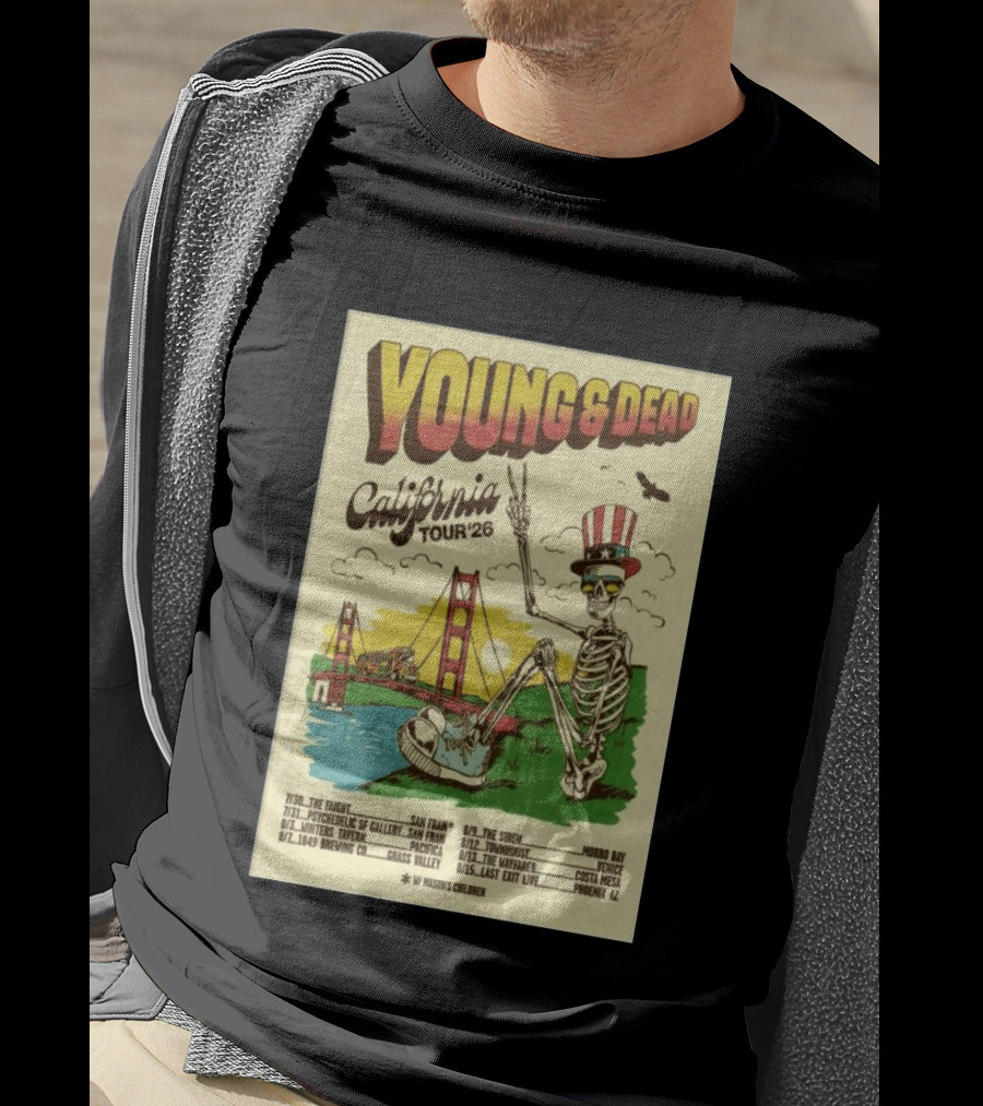 Young And Dead California Tour 2026 Vintage Skeleton Golden Gate Bridge T-Shirt