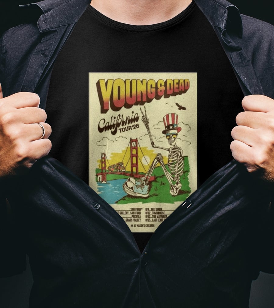 Young And Dead California Tour 2026 Vintage Skeleton Golden Gate Bridge T-Shirt