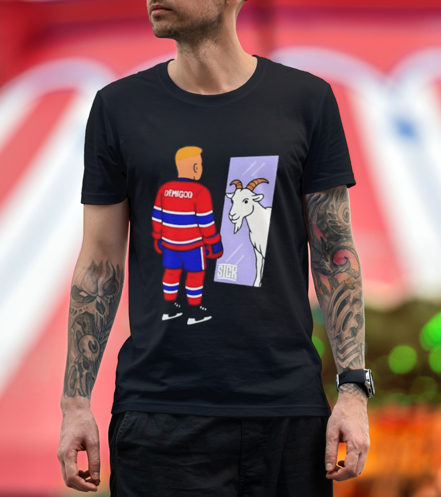 Demigod Hockey Player Looking In Mirror With Goat Reflection T-Shirt