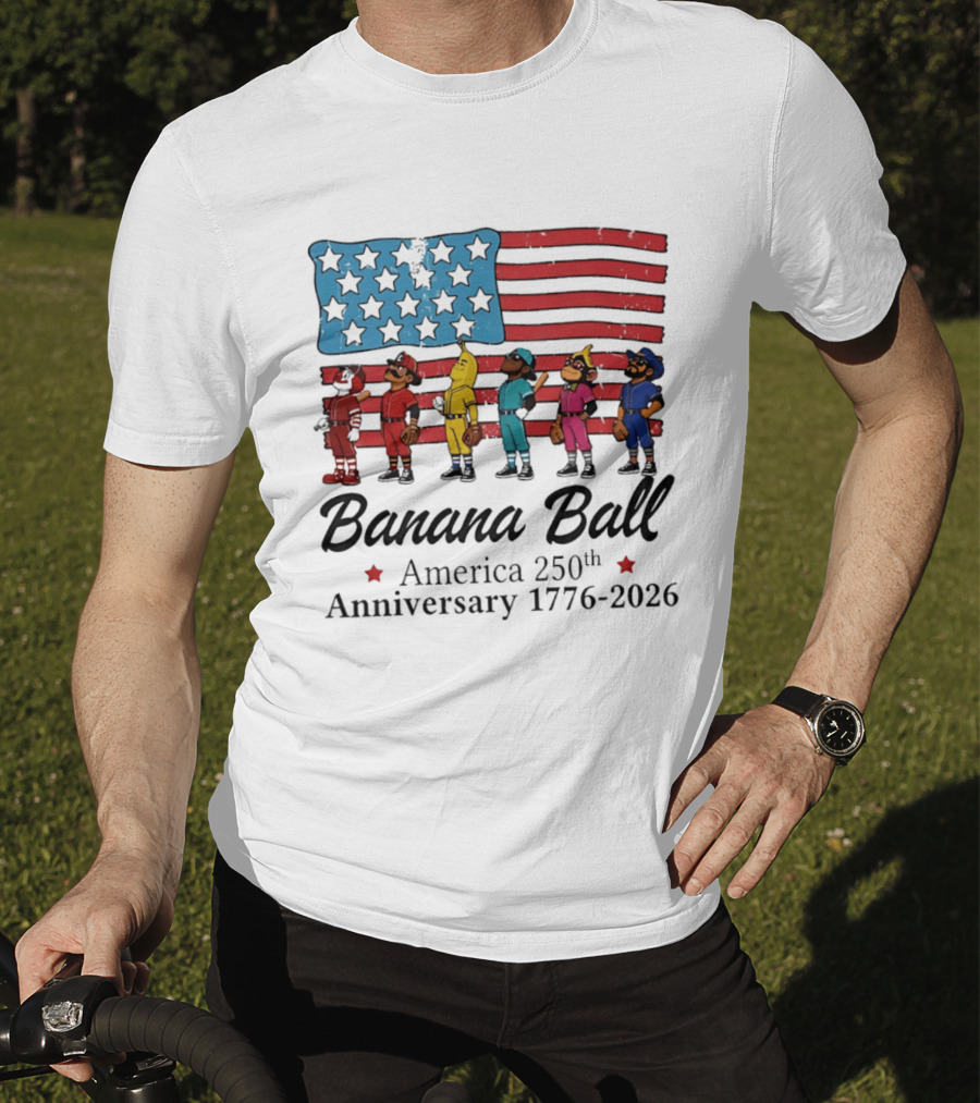 Banana Ball America 250th Anniversary 1776 2026 Flag Baseball Celebration T-Shirt
