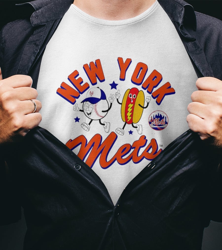 New York Mets Hot Dog Cartoon Baseball T-Shirt