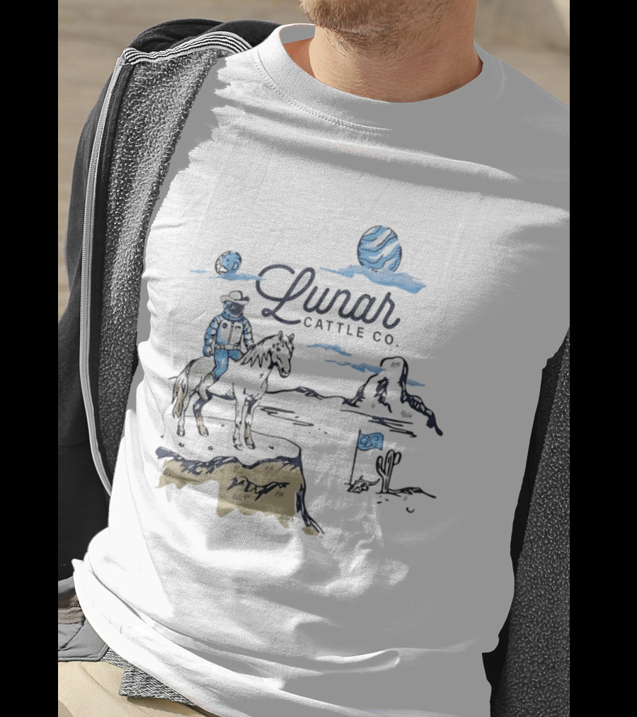 Lunar Cattle Co Astronaut Cowboy On Horseback With Planet And Flag T-Shirt