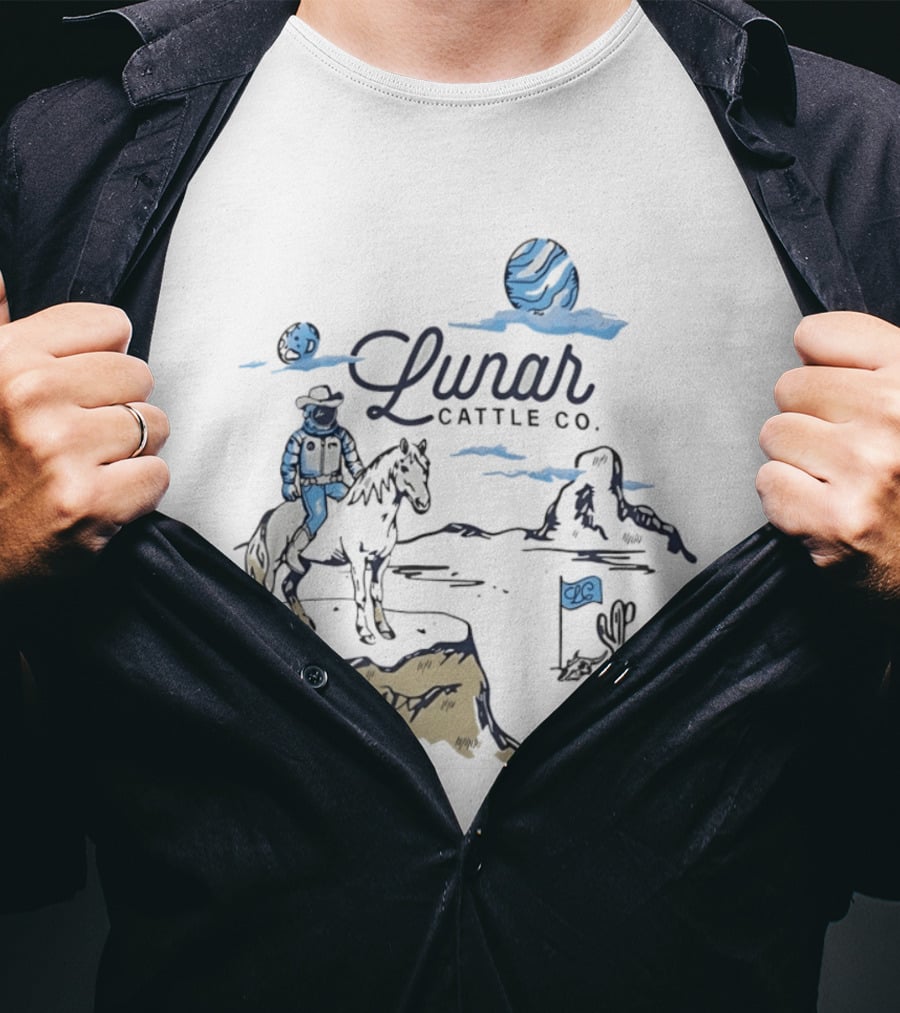 Lunar Cattle Co Astronaut Cowboy On Horseback With Planet And Flag T-Shirt