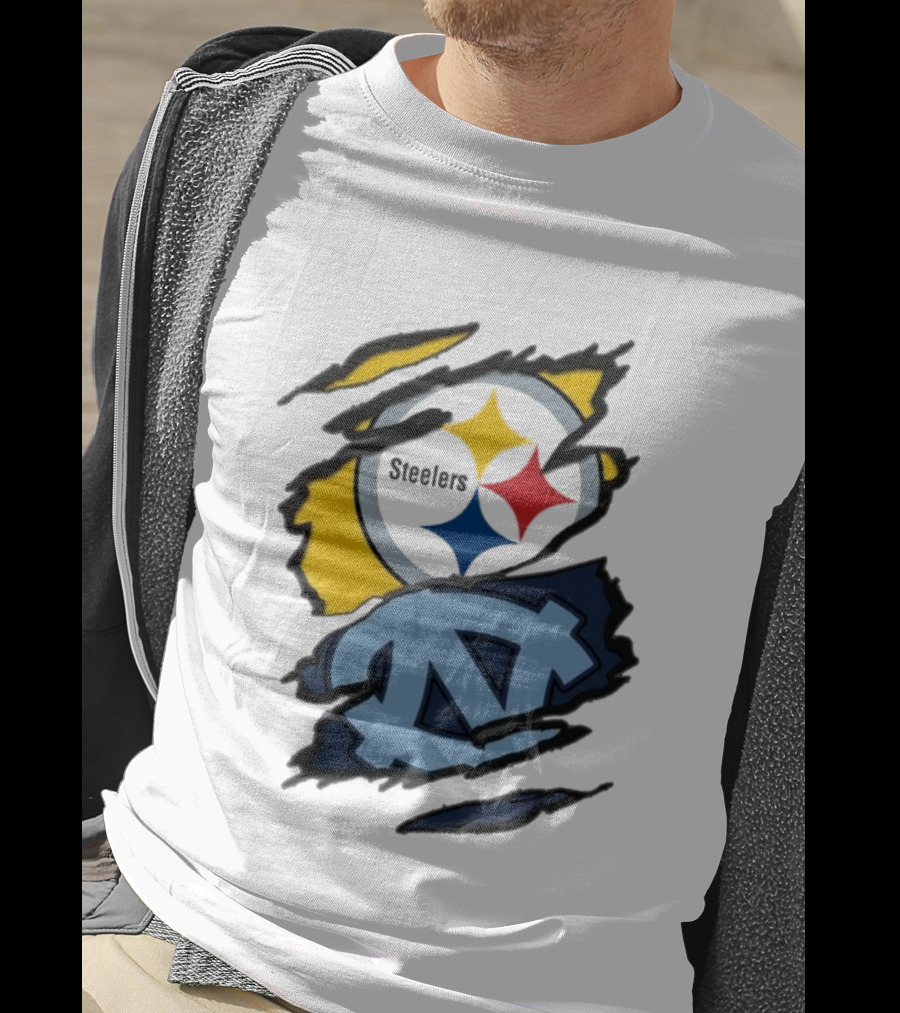 Pittsburgh Steelers UNC Tar Heels Ripped Metal Effect Logo Fusion T-Shirt
