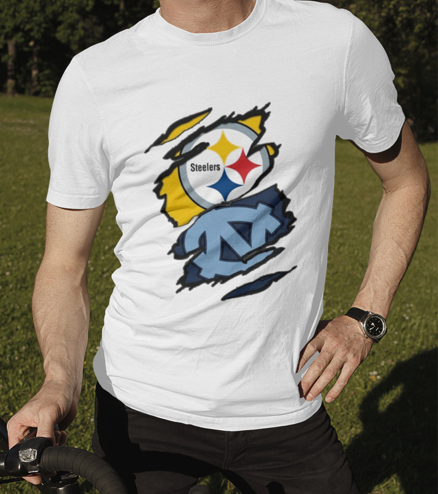 Pittsburgh Steelers UNC Tar Heels Ripped Metal Effect Logo Fusion T-Shirt