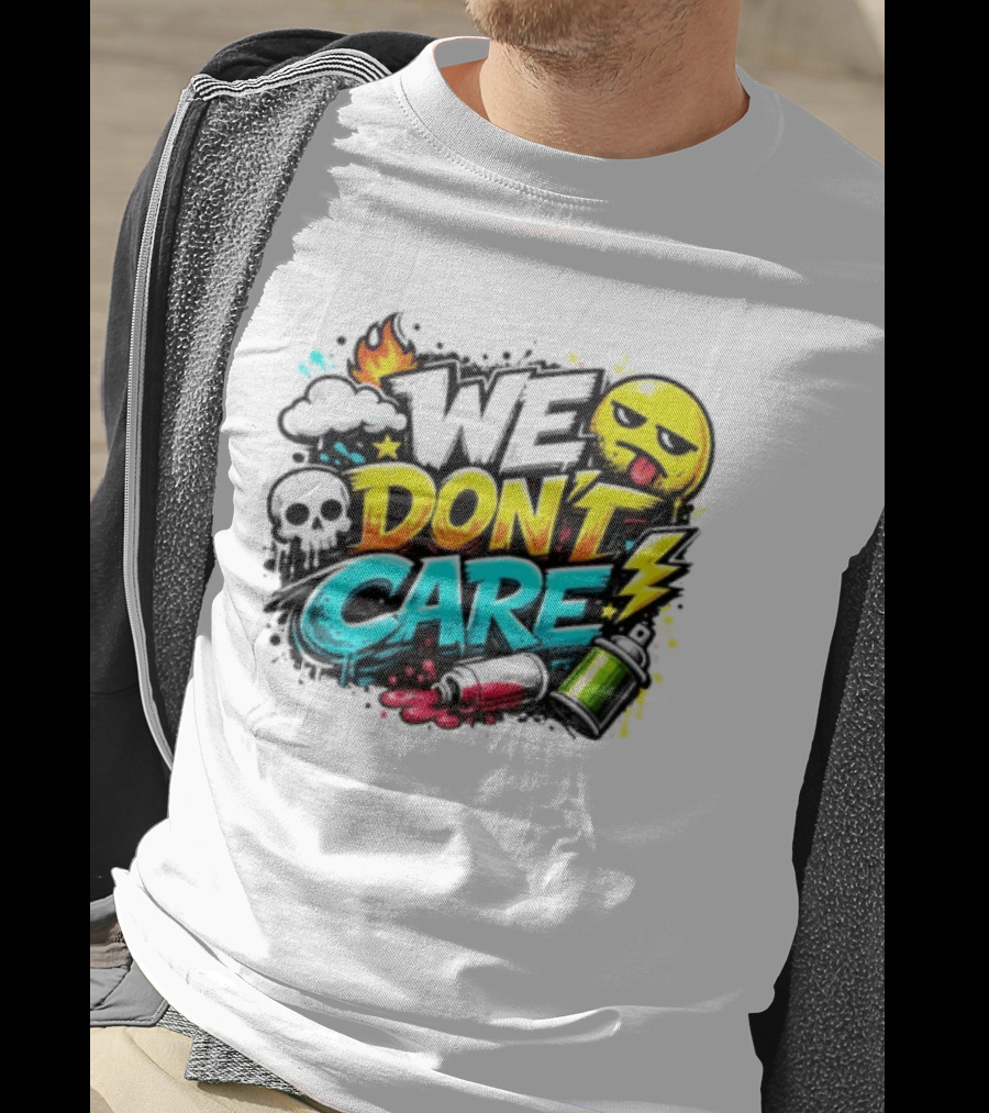 We Don't Care Graffiti Emojis Fire Cloud Lightning Skull T-Shirt