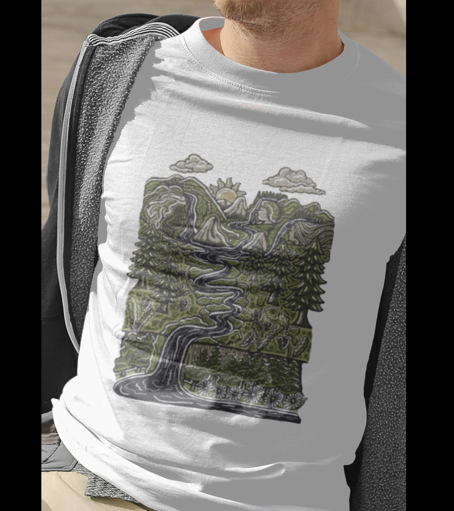 Nature Backs Forest Scene With River Trees Mountains Sun And Clouds T-Shirt