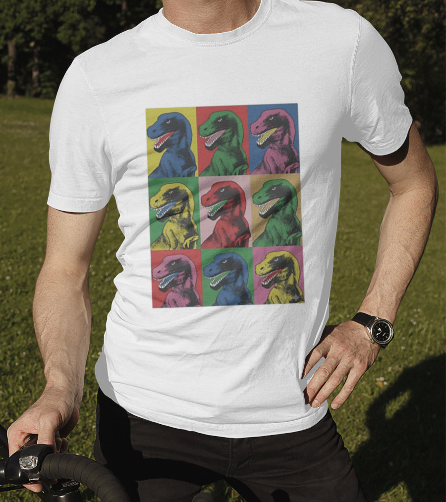 T Rex Pop Dinosaur Multi Colored Grid Prehistoric Reptile Andy Warhol T-Shirt