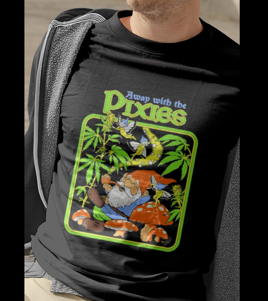 Away With The Pixies Gnome Smoking Cannabis Mushroom Fantasy Scene T-Shirt
