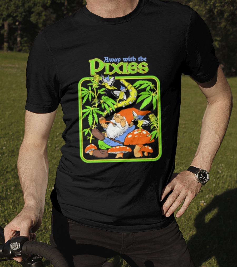 Away With The Pixies Gnome Smoking Cannabis Mushroom Fantasy Scene T-Shirt