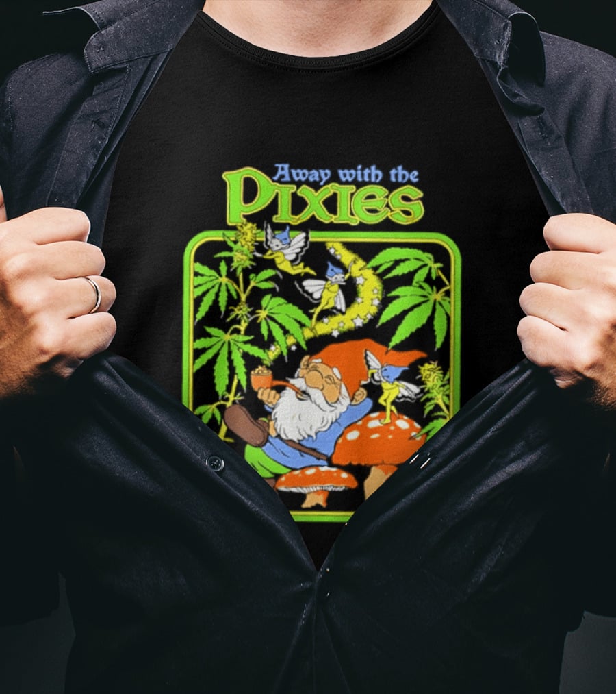 Away With The Pixies Gnome Smoking Cannabis Mushroom Fantasy Scene T-Shirt
